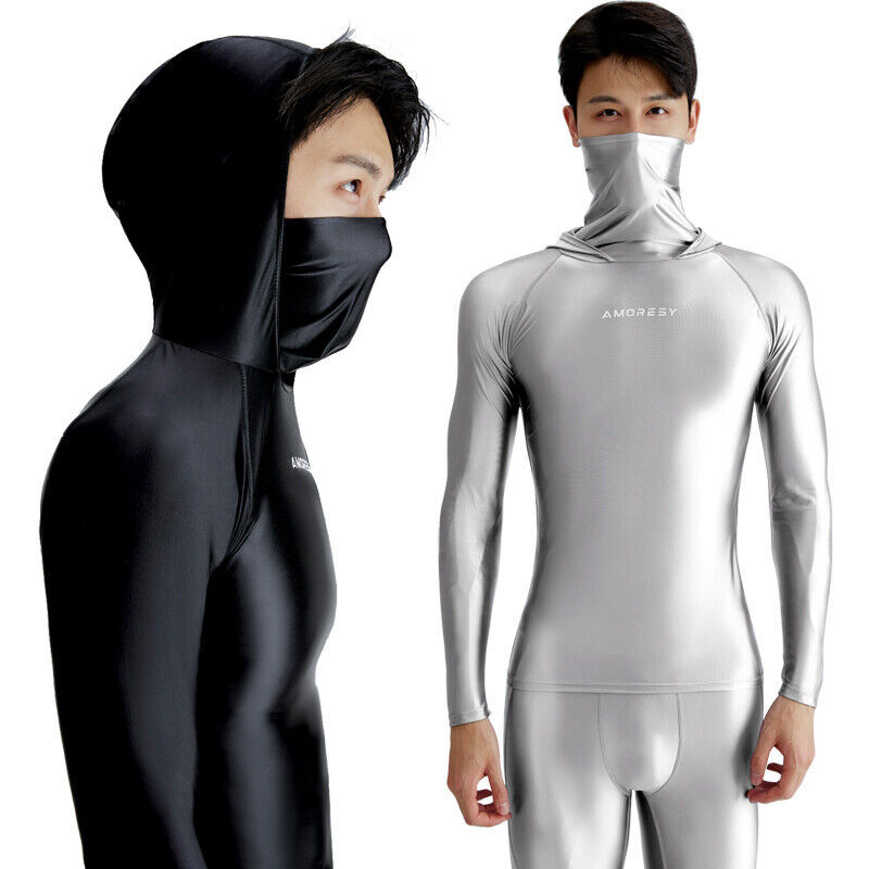 AMORESY Men Glossy Hooded T-shirt Sunscreen High Neck Long Sleeve Running Shirts gallery