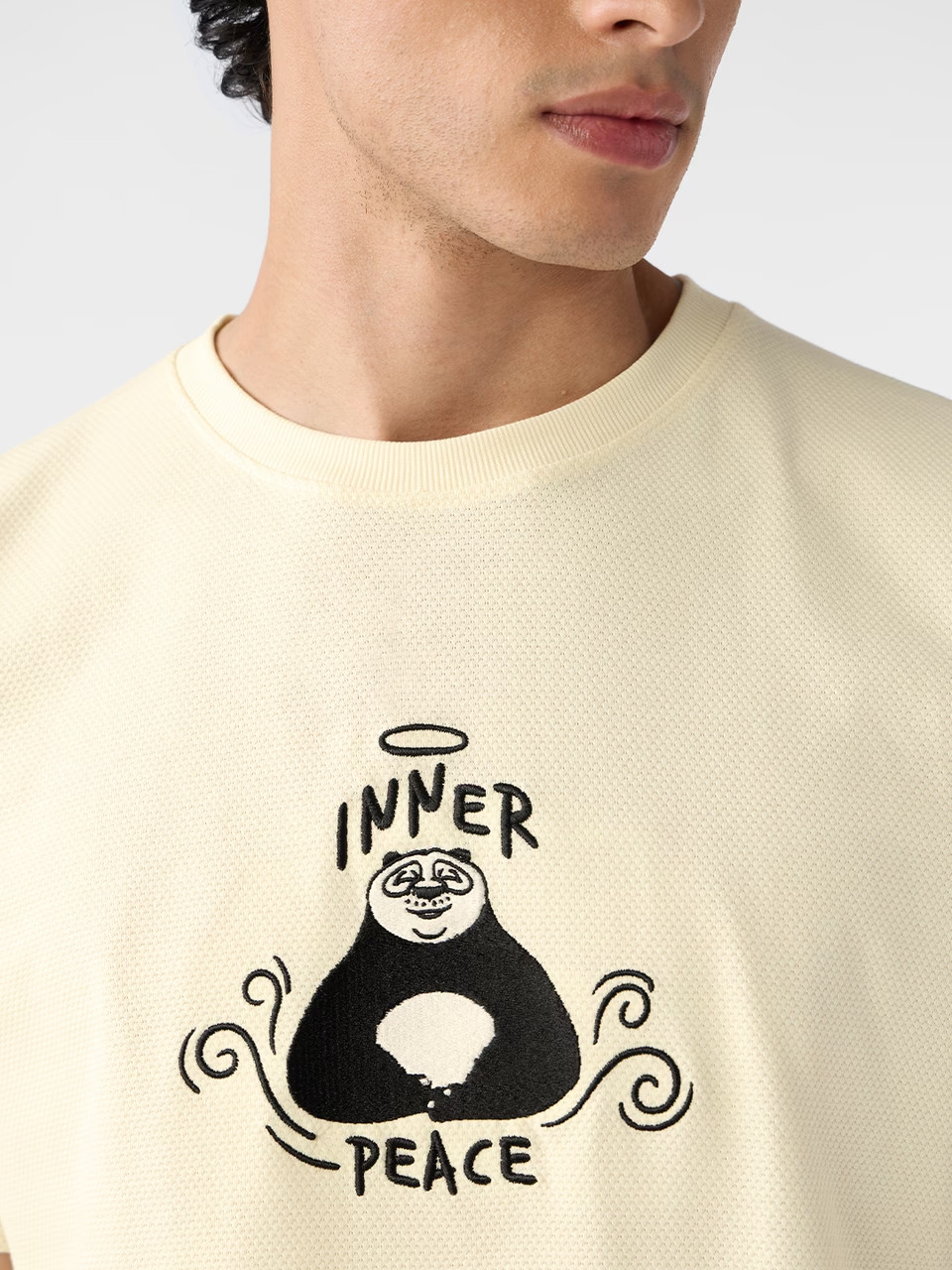 Kung Fu Panda Embroidery Details Textured T-Shirt Cotton Beige - Premium Fabric gallery