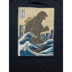 Godzilla Great Wave Tapestry Patch Graphic T-Shirt Black Mens Large Kaiju Tee
