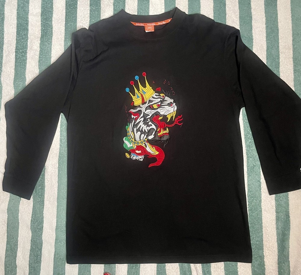 Y2K ed hardy embroidered tiger king dice long sleeve Shirt Black XXL