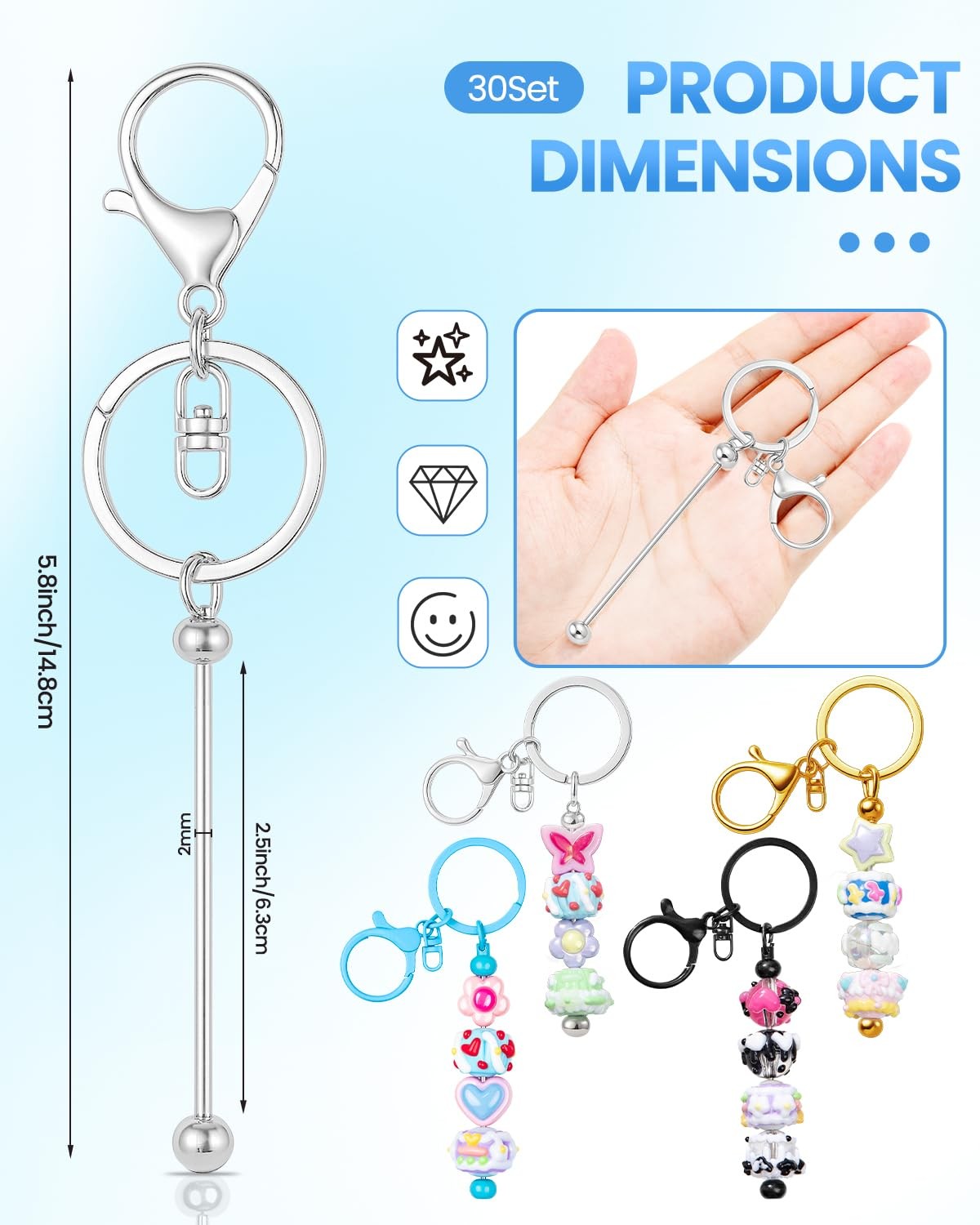 30pcs Beadable Keychains Keychain Bulk kit Cute Blank Bead Keychain Strip DIY... gallery