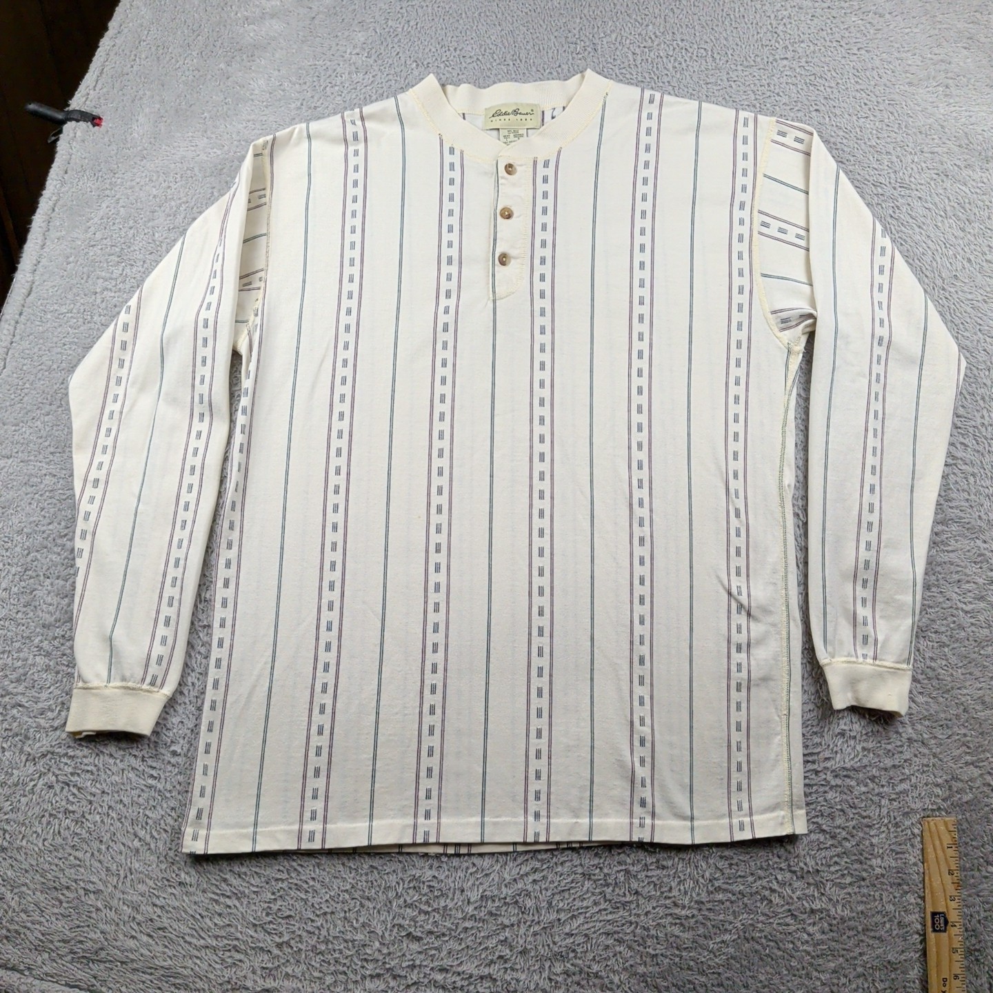 Vintage Eddie Bauer T Shirt Men Tall LT White Stripe Henley Long Sleeve Made USA