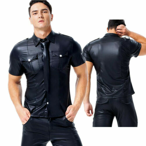 Mens Faux Leather PVC Short Sleeve T Shirt Top Nightclub Cool Men Shirts Uniform
