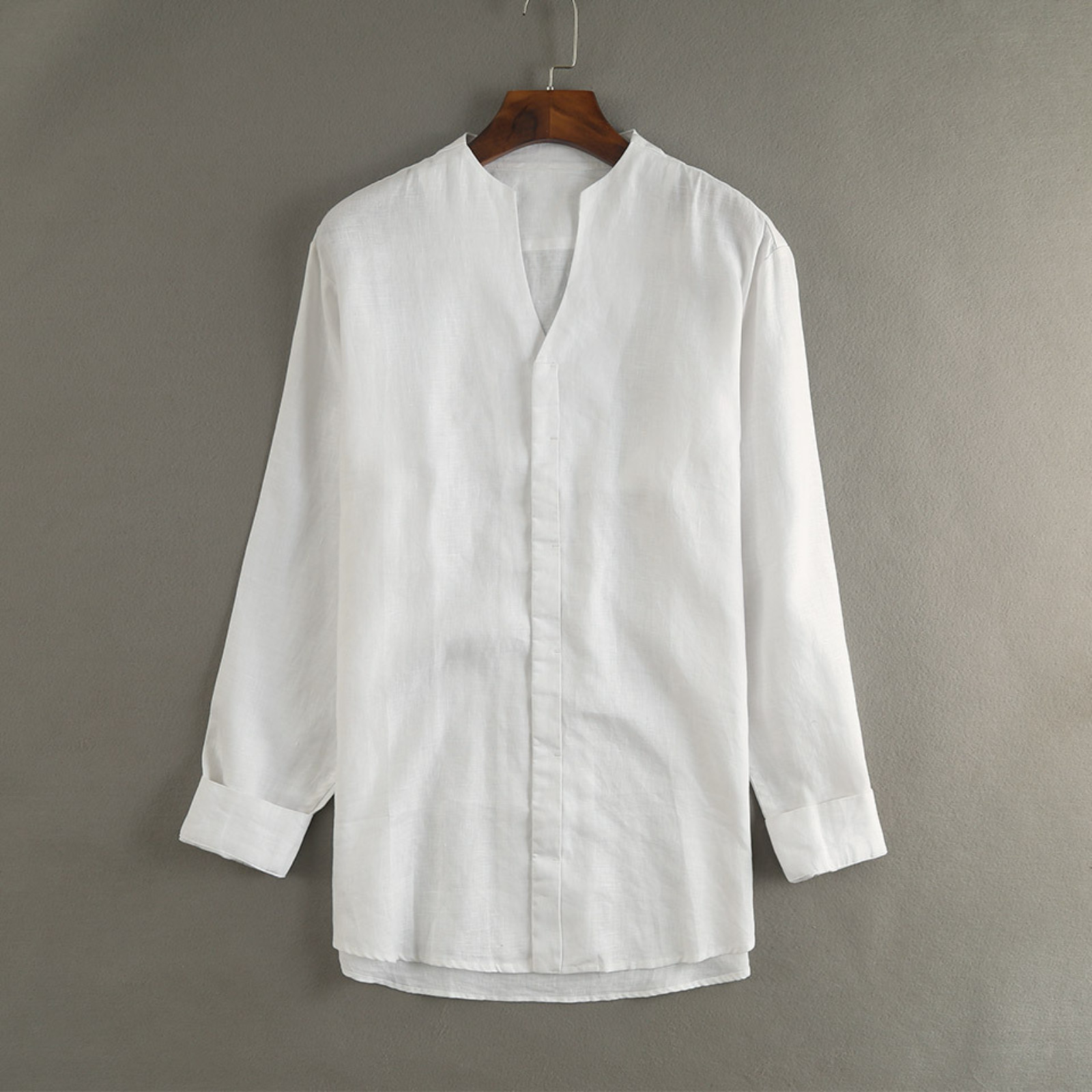Men’s Linen Long Sleeve Shirt Split Neck Stand Collar gallery