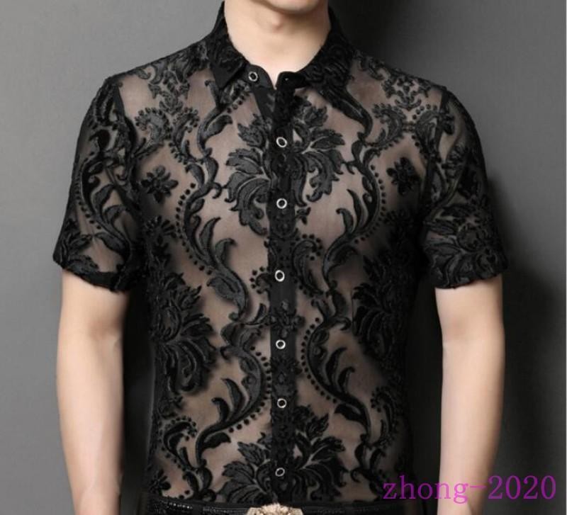 Men’s Hollow Out Floral Lace Shirts Short Sleeves Casual Tops Club Dress Shirts