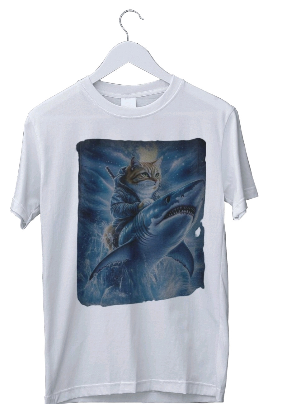 Funny-cat riding shark t-shirt-vintage Night Forest Graphic Shirt S M L XL 234XL gallery