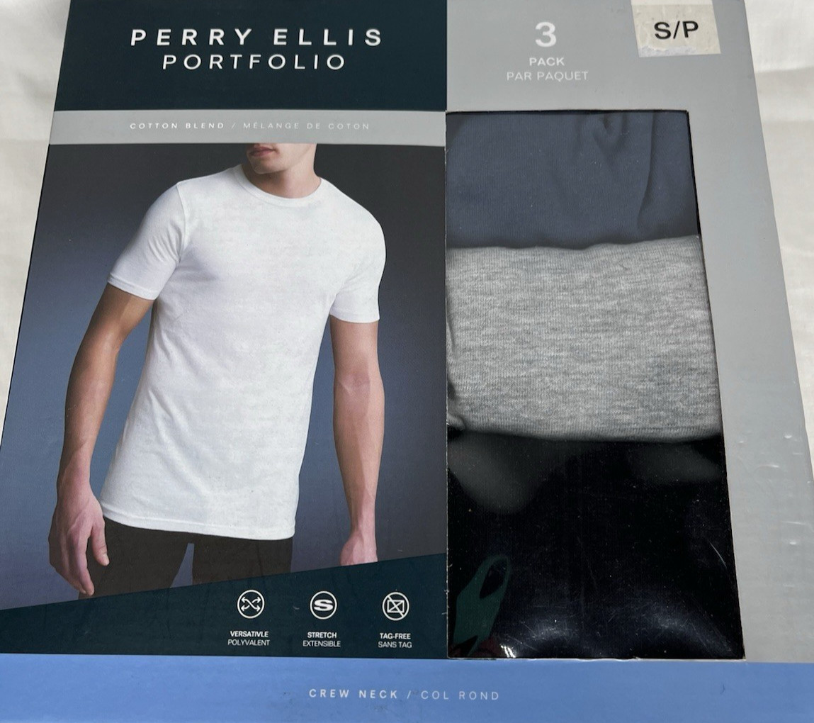 PERRY ELLIS Men's Crew Neck Tees SZ Small 3-Pk Cotton Blend Stretch Grey Black gallery