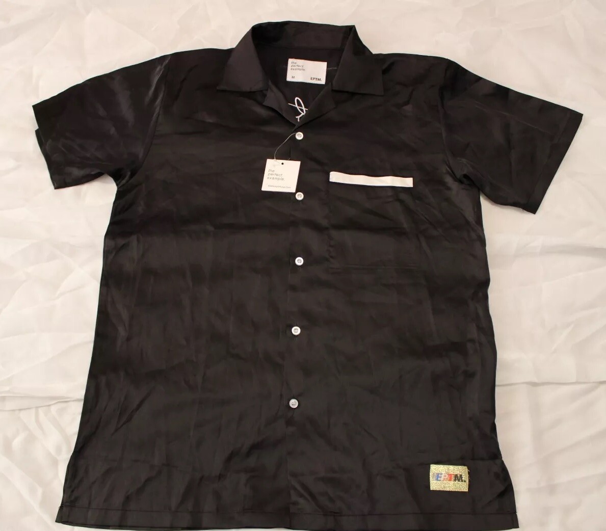 Men’s EPTM. NWT Black Satin Button Front Top Graphic Streetwear M Logo Skull gallery
