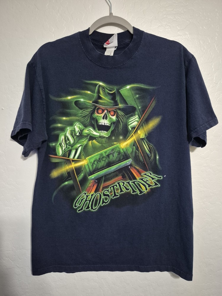 Vintage 90s Knotts Berry Farm “Ghostrider” Rollercoaster Shirt – Sz L – Rare USA