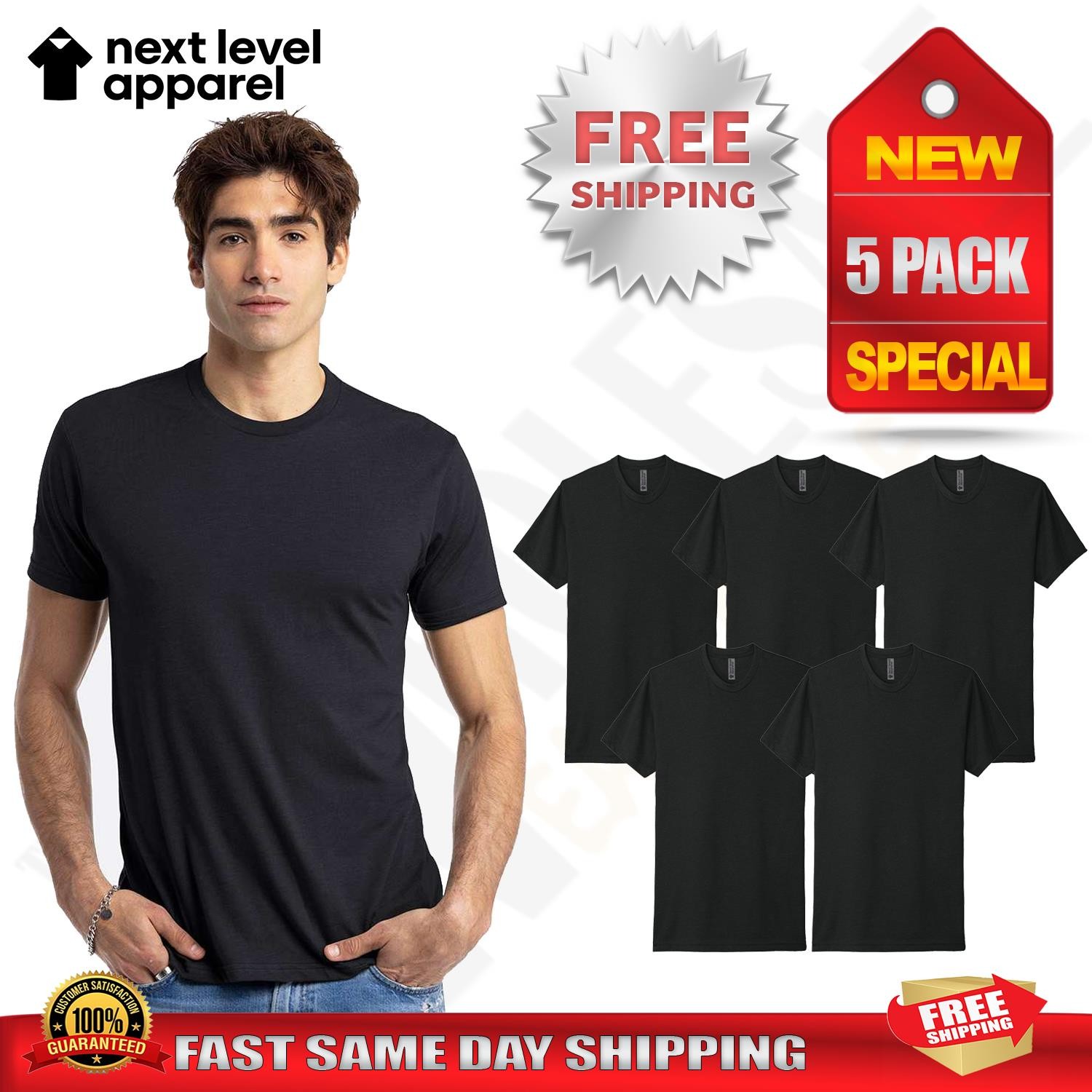 5 PACK OF NEXT LEVEL Plain Tshirt Mens Black T Shirt Blank T-Shirt N6210 XS-4XL gallery
