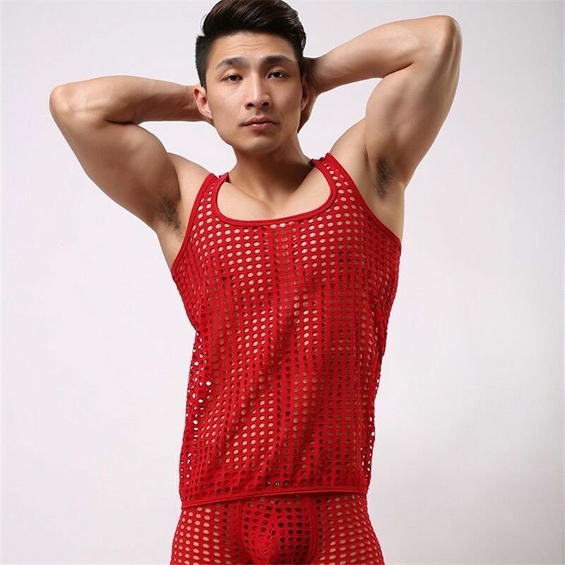 Men Mesh Sleeveless Vest Hollow Out Tank Top Transparent Singlet Undershirt Red