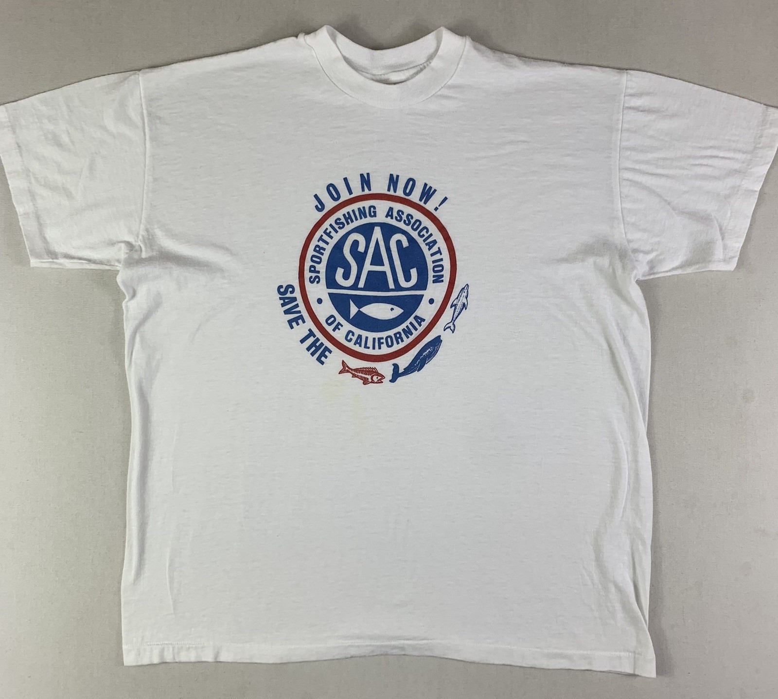 vtg 80s SAC Sportsfishing Assoc of California Sport-T White Single Stitch