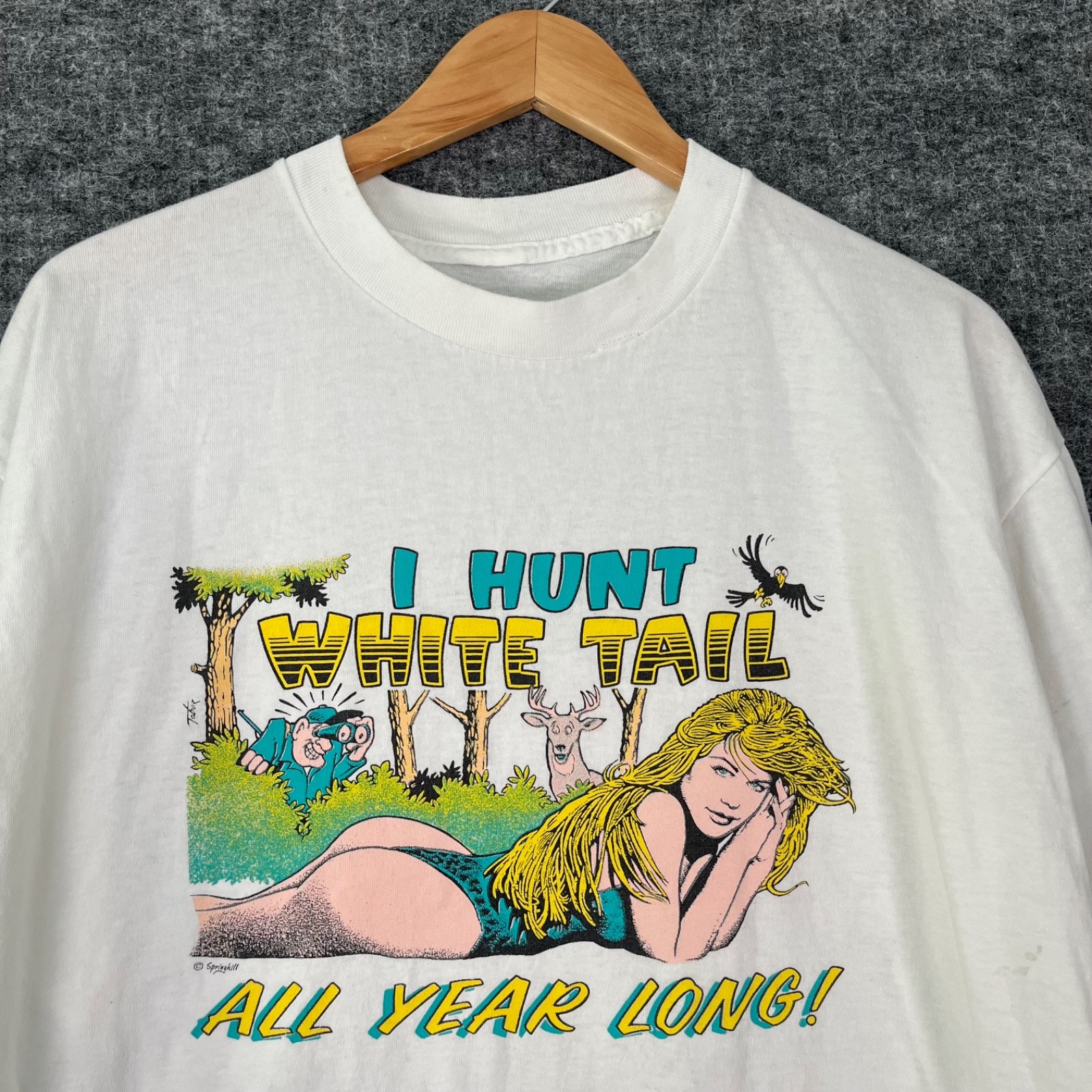 Vintage I Hunt White Tail All Year Long Shirt Size L / XL Hunting 90s Comic Joke gallery
