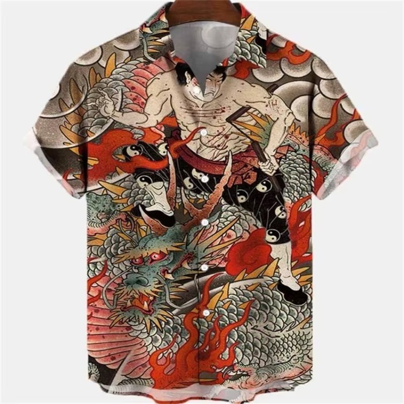 Mens Button Down Japanese Dragon Samurai Hawaiian Novelty Holiday Summer Shirt gallery