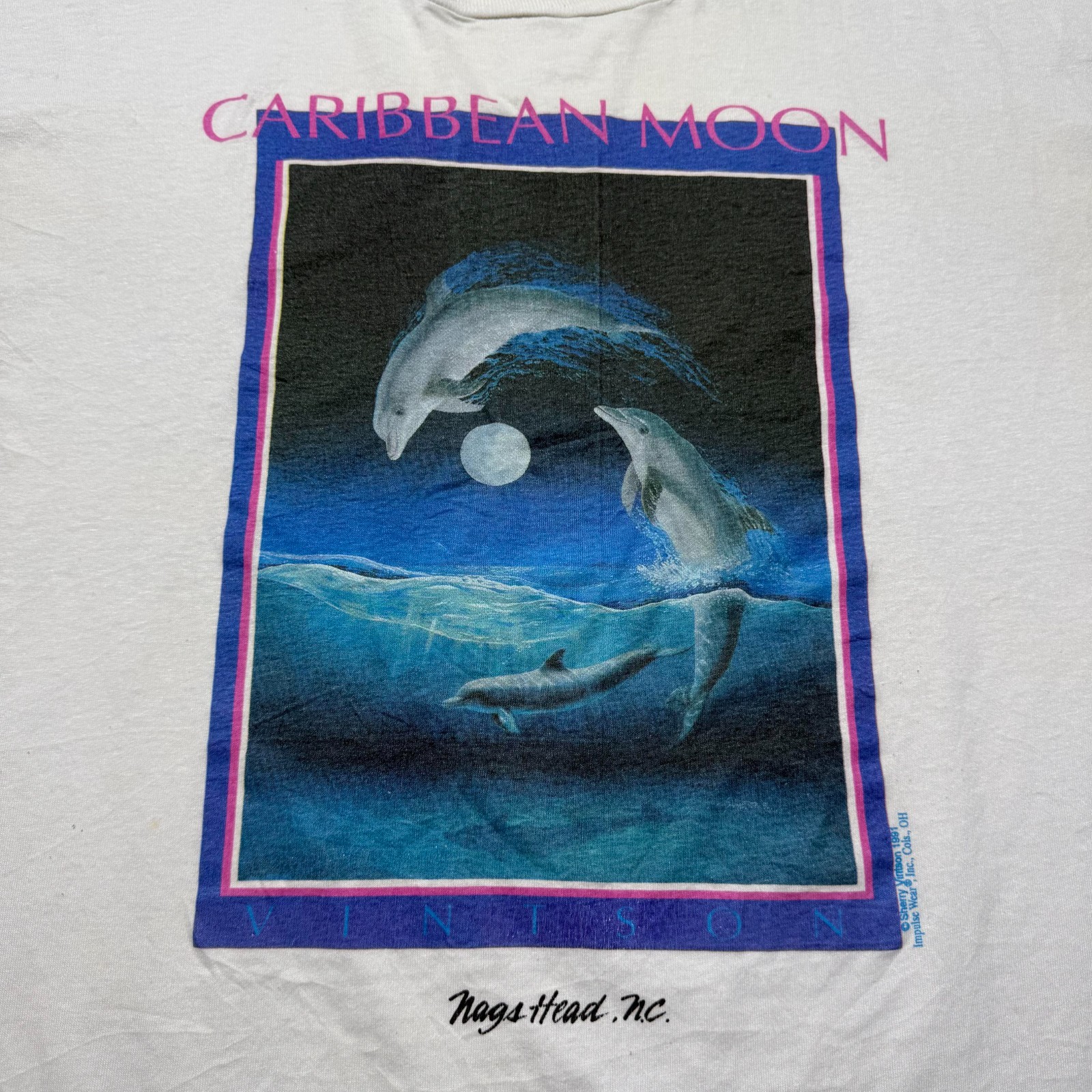 Vintage 1991 Caribbean Moon Vintson Dolphins Ocean Marine Life Art T-Shirt - 3XL gallery