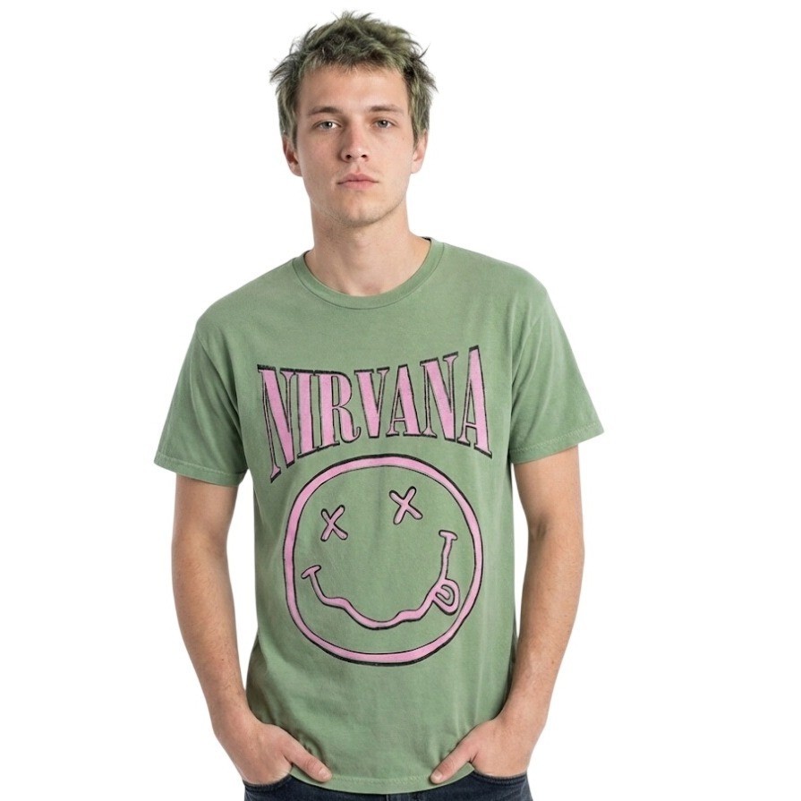 Nirvana Smiley Face T Shirt Green Pink Grunge Rock Band Merch Size M Casual Y2K