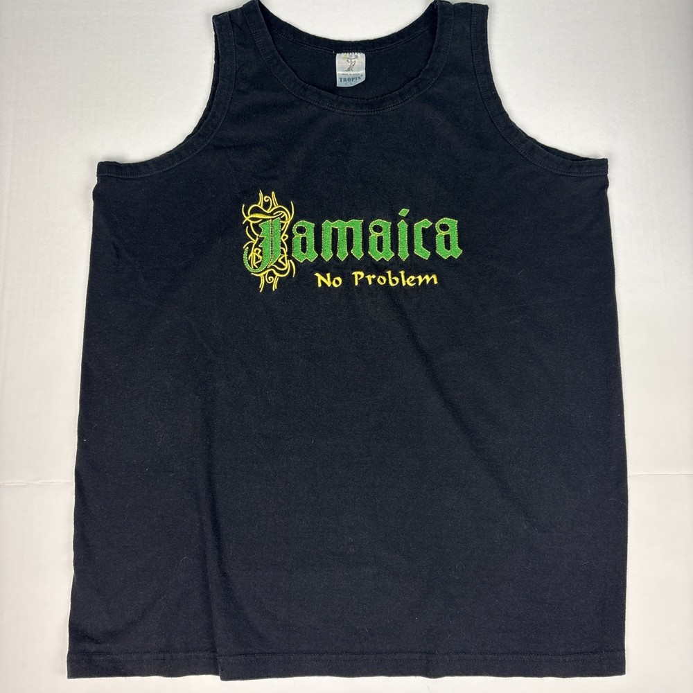 Vintage Jamaica No Problem Men’s Large Tank Top Black Embroidered Green Yellow