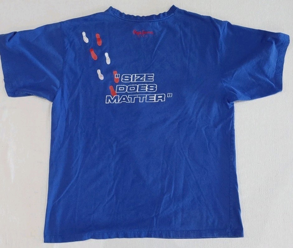 Vintage PEPE JEANS LONDON 2 Sided T-SHIRT "Size Does Matter" Blue Adult Size 3XL gallery