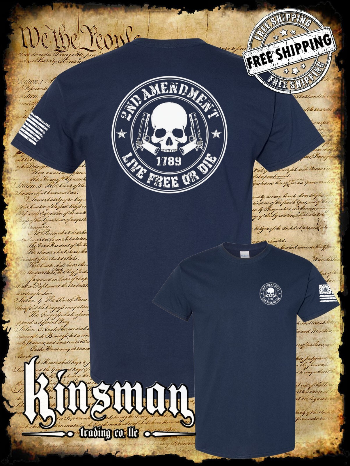 2nd Amendment Live Free or Die Skull & Pistols 2-Sided T-Shirt USA gallery