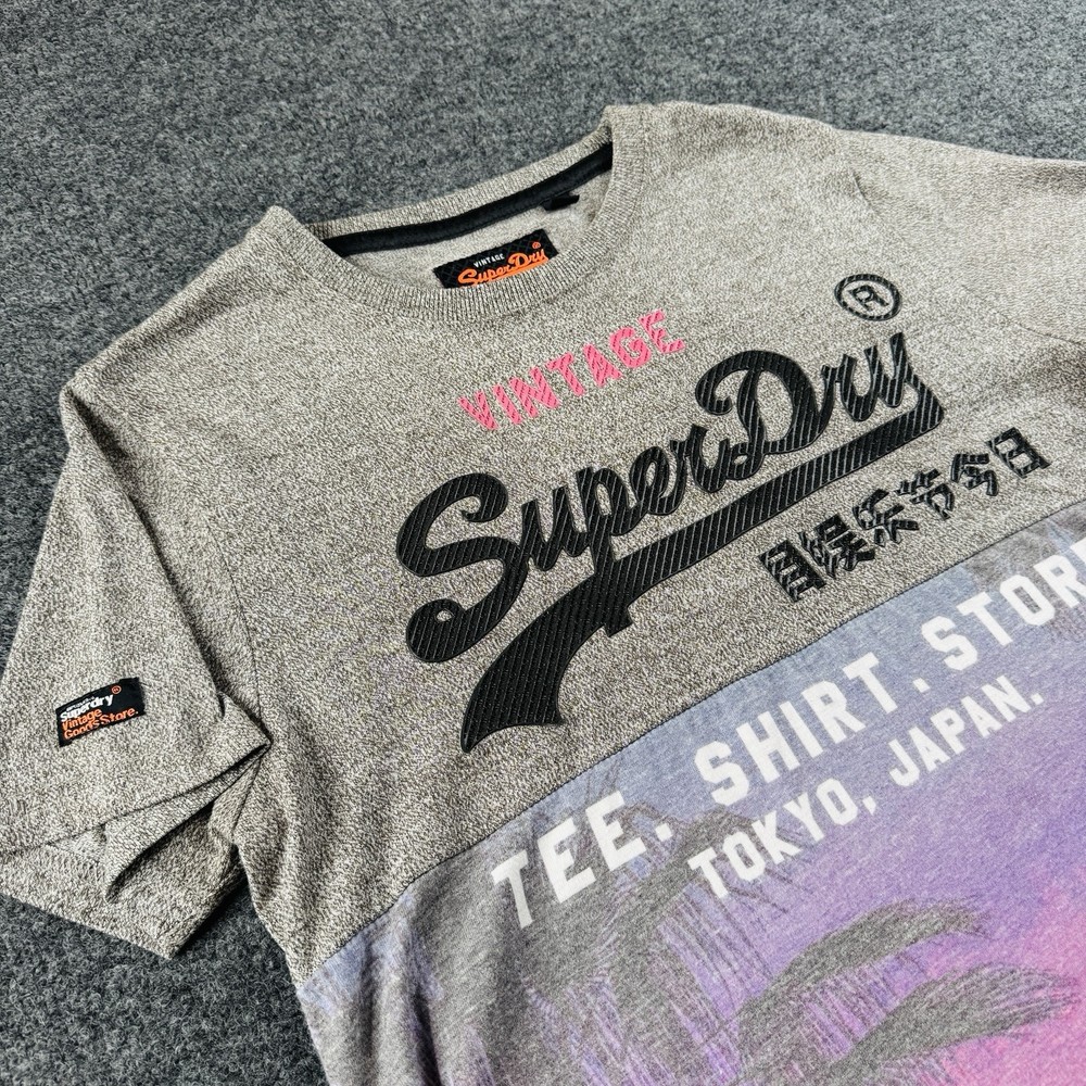 Superdry Men’s T-Shirt L Gray Tee Graphic Logo Vintage Short Sleeve EUC