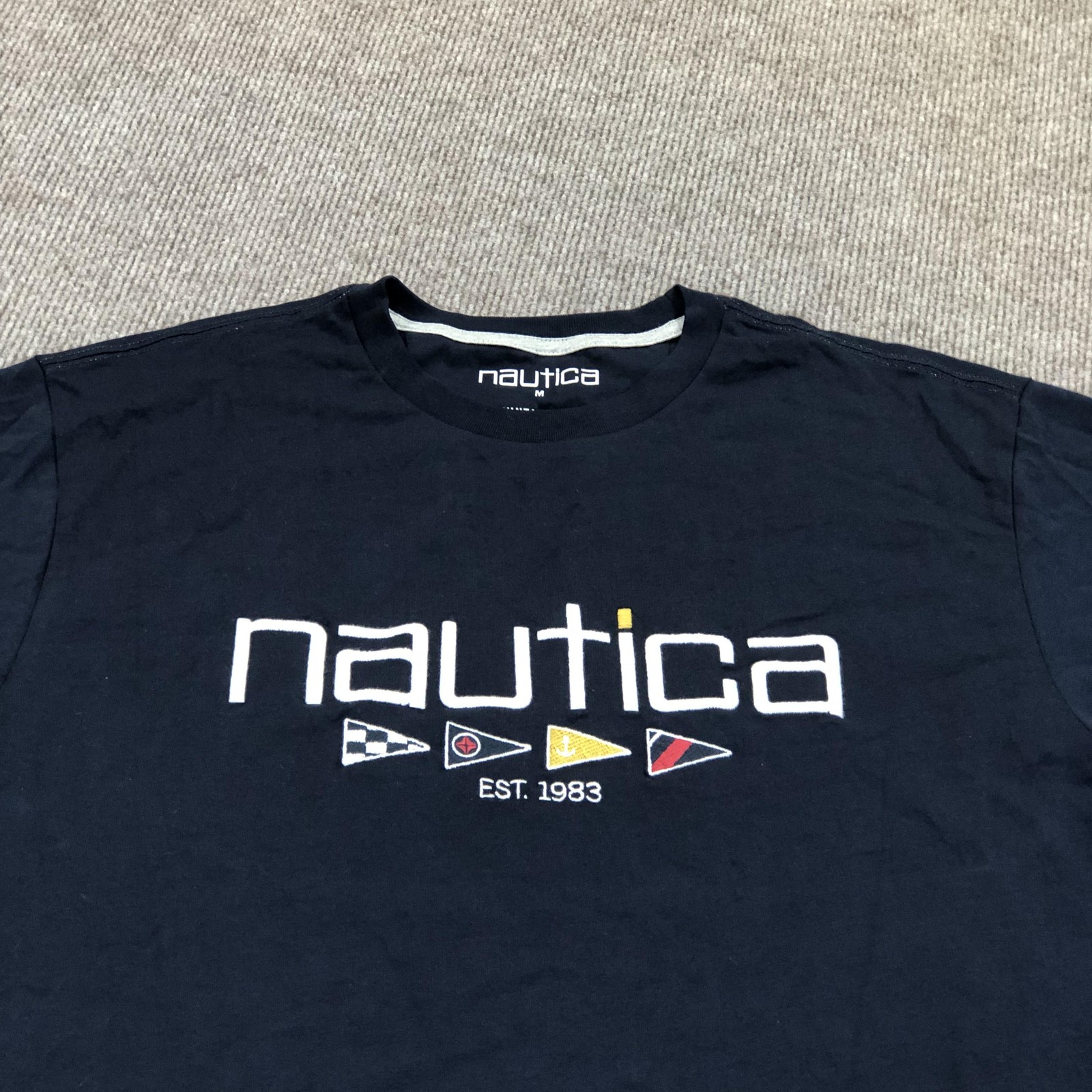 Nautica Shirt Mens Medium Navy Big Logo Flags Graphic Tee Tagless Nautical gallery