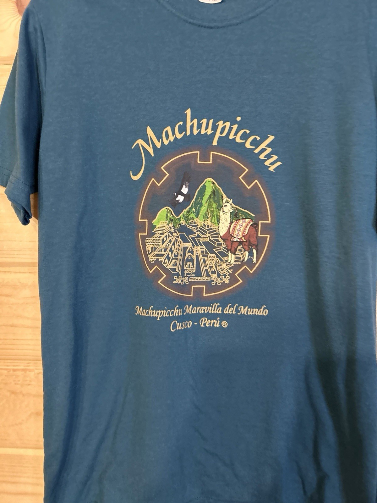 Machu Picchu Peru Graphic T Shirt Mens M Teal Llama Inca Ruins Cusco 100% Cotton gallery