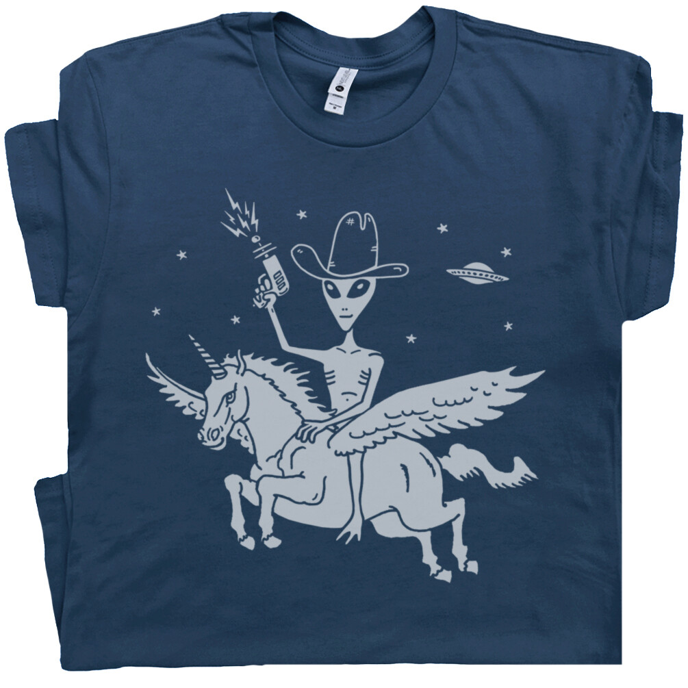 Alien Riding Unicorn T Shirt Funny Cool Ufo Tee Area 51 Weird Graphic Cryptid