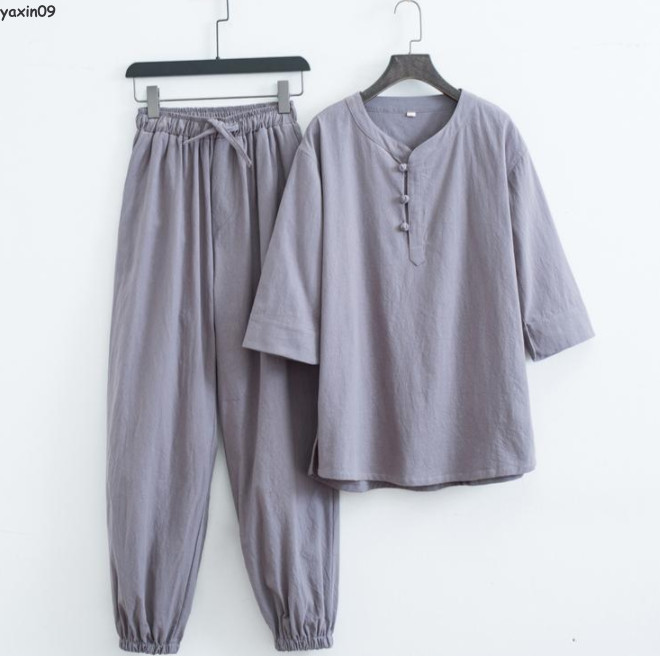 Men Cotton Linen Han Fu Summer Casual T-Shirt and Pants Outfits Sets Tang Suit