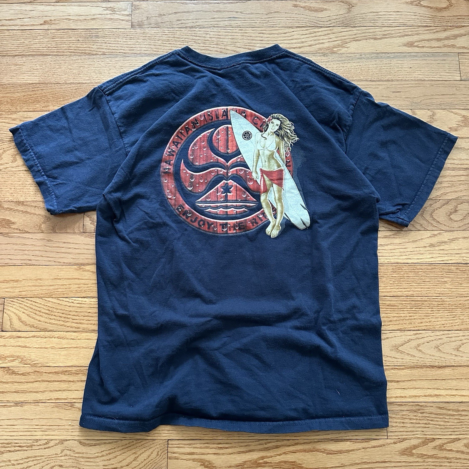 Vintage Hawaiian Island Creations HIC Surfer Girl Large Navy T-shirt