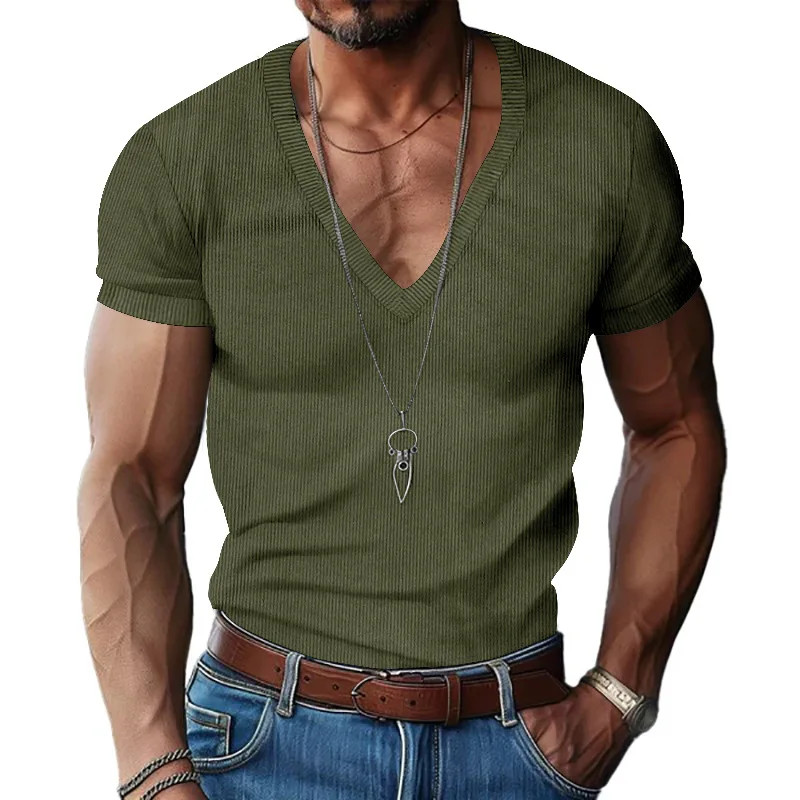 Men's corduroy European and American summer men's V-neck solid color slim gallery