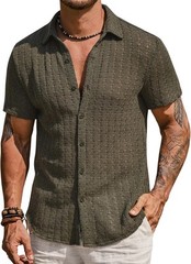 Men’s Knit Crochet Button Down Shirt Hollow Out Textured Casual Summer Top S-XXL