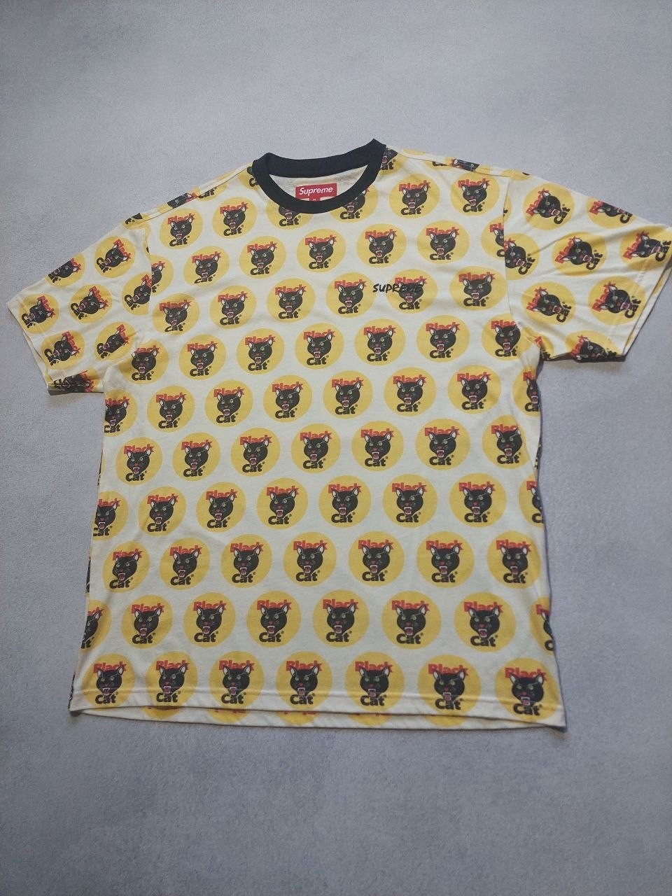Supreme Ringer Crew Neck T Shirt Yellow Black Cat Fireworks Logo S/S Top M SS24 gallery