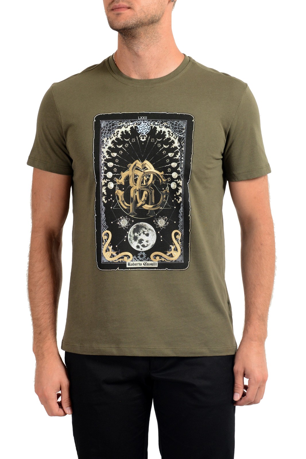 Roberto Cavalli Men's Olive Green Graphic Print Crewneck T-Shirt US M IT 50 gallery