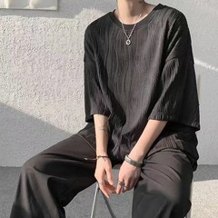 Oversized Men’s T-shirt Wavy Pattern Cotton Plain Black Hong Kong Style Tops Coo