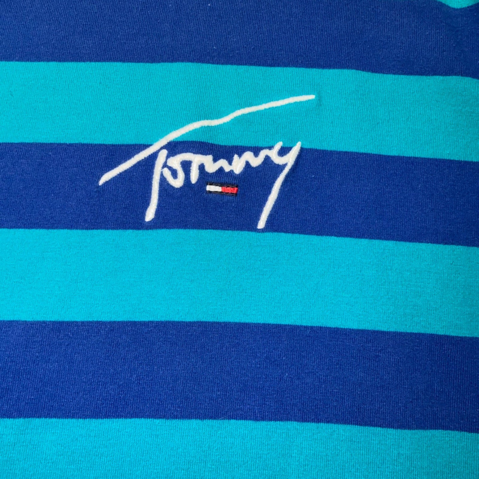 Vintage Tommy Jeans Mens XL Blue Striped Short Sleeve Script Boxy Logo T-Shirt gallery