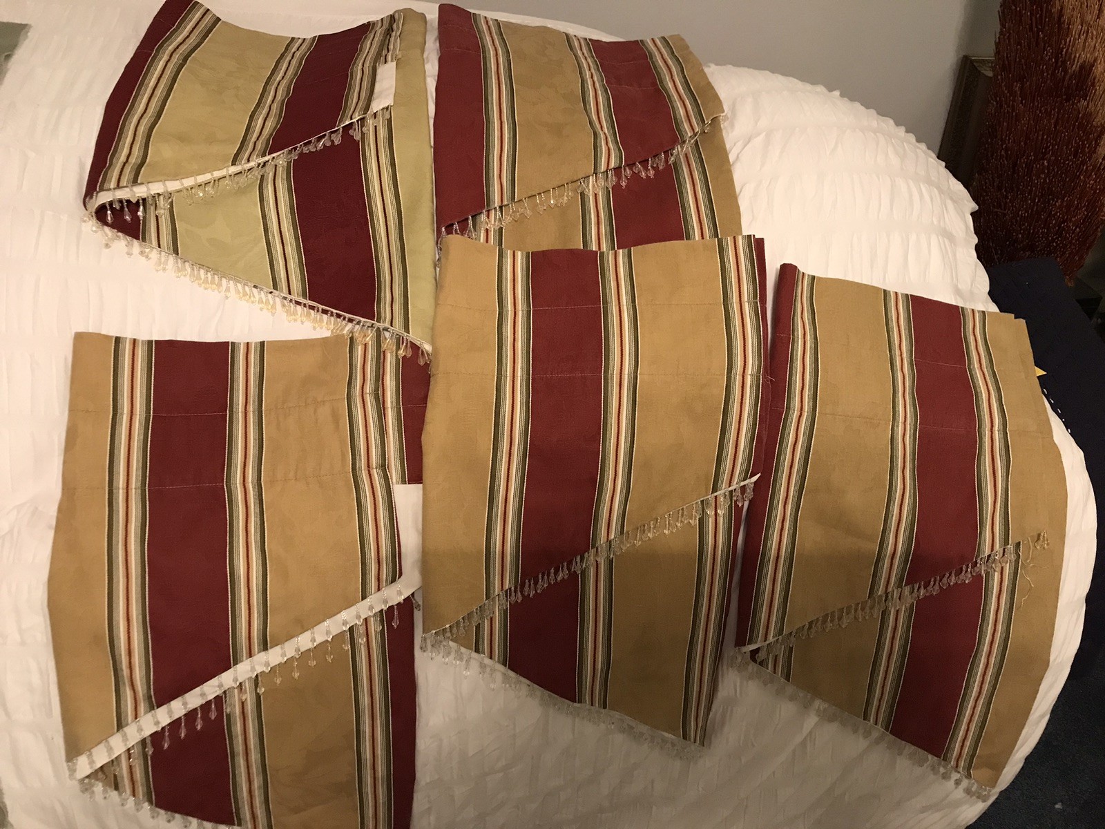 Set O 5 Waverly Triangle Valances With Clear Plastic Dangle Beads, Striped