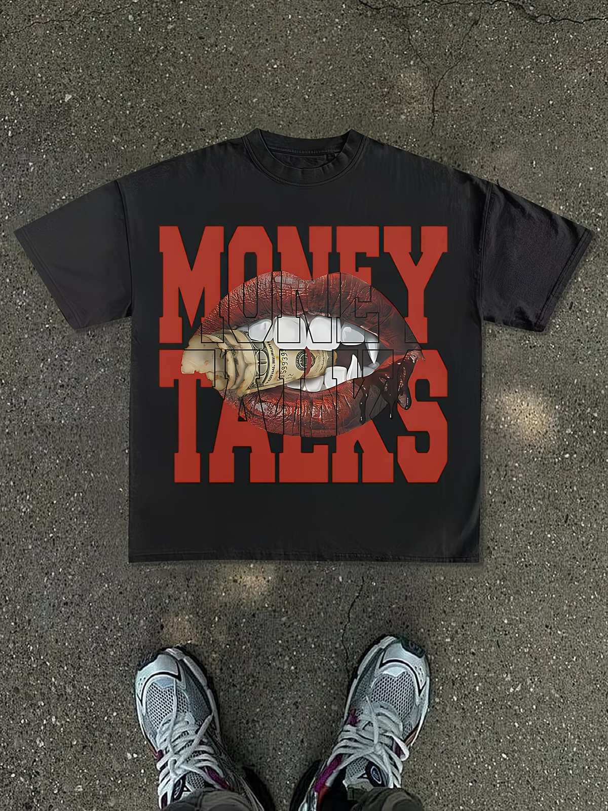 Men’S New T-Shirt, Loose-Fitting in White, Features Bold Red Text “MONEY TALKS”