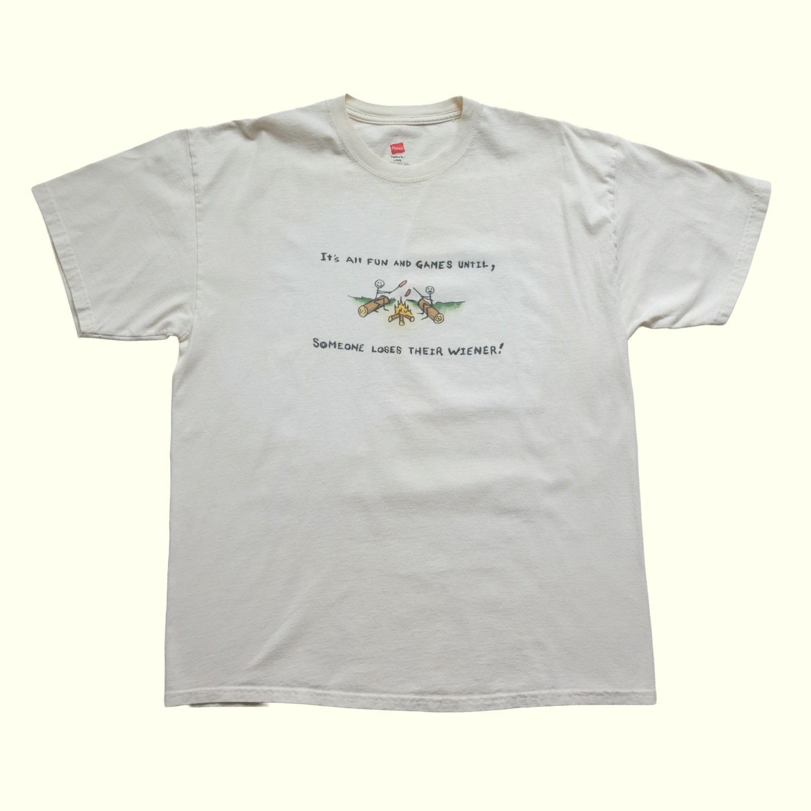HANES VTG Y2K RETRO FUNNY COMEDY WIENER CAMPING OUTDOOR GRAPHIC WHITE T SHIRT gallery