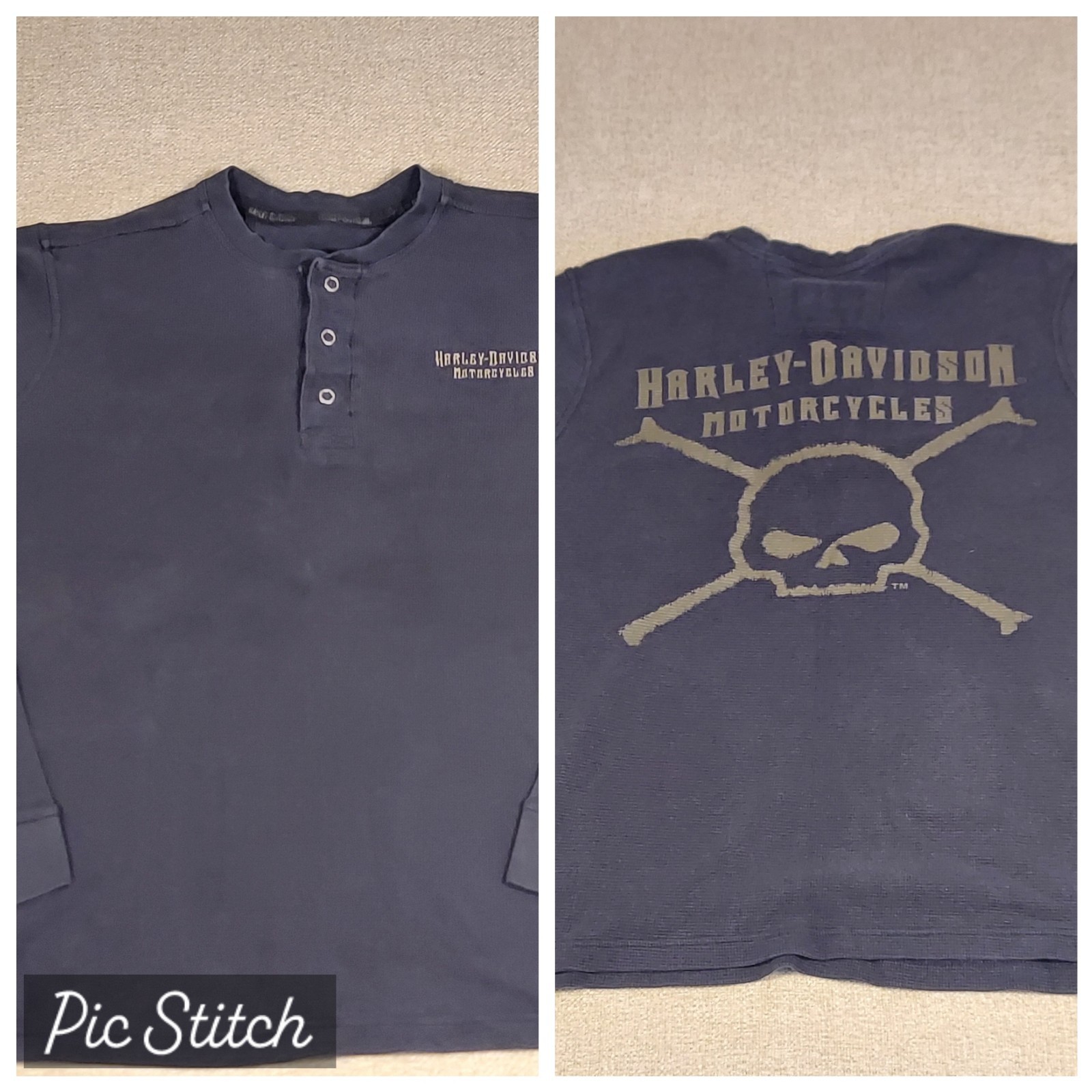 Vintage Harley-Davidson Mens L Black Waffle Knit Thermal Henley Long Sleeve