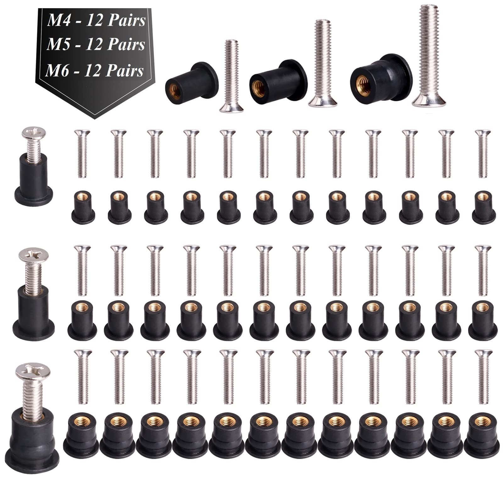 36 Pairs M4 M5 M6 Neoprene Well Nuts with Stainless Steel Screw M5 Rubber Wel…