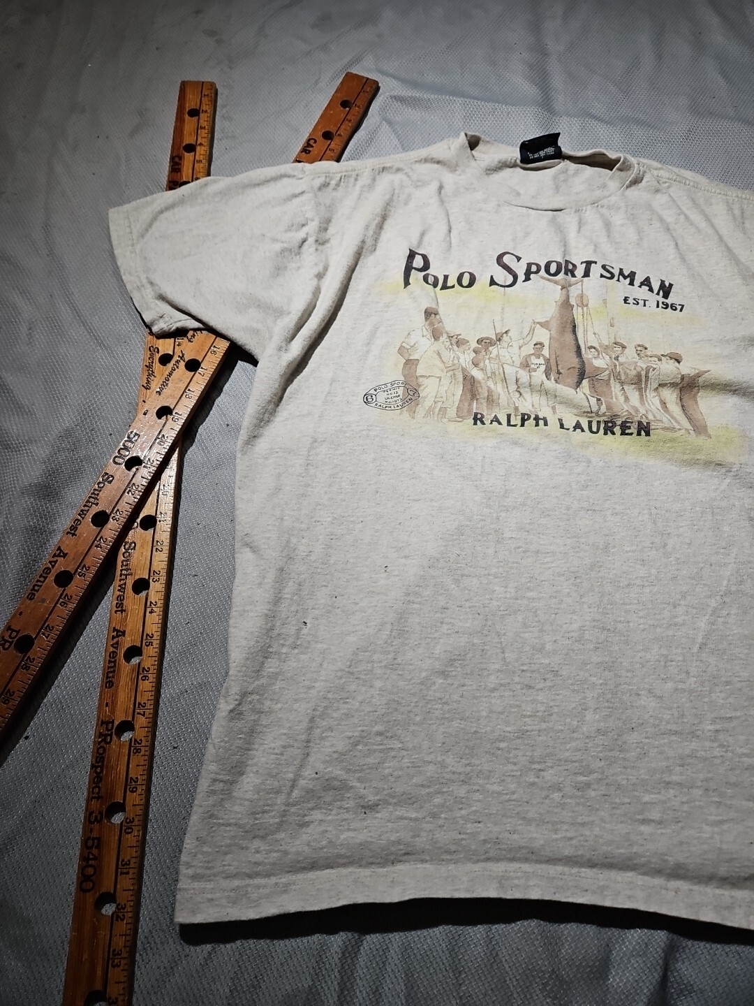 Vtg Polo Sport Shirt Mens Large Beige Sportsman Fishing Preppy Graphic Tee Y2k gallery