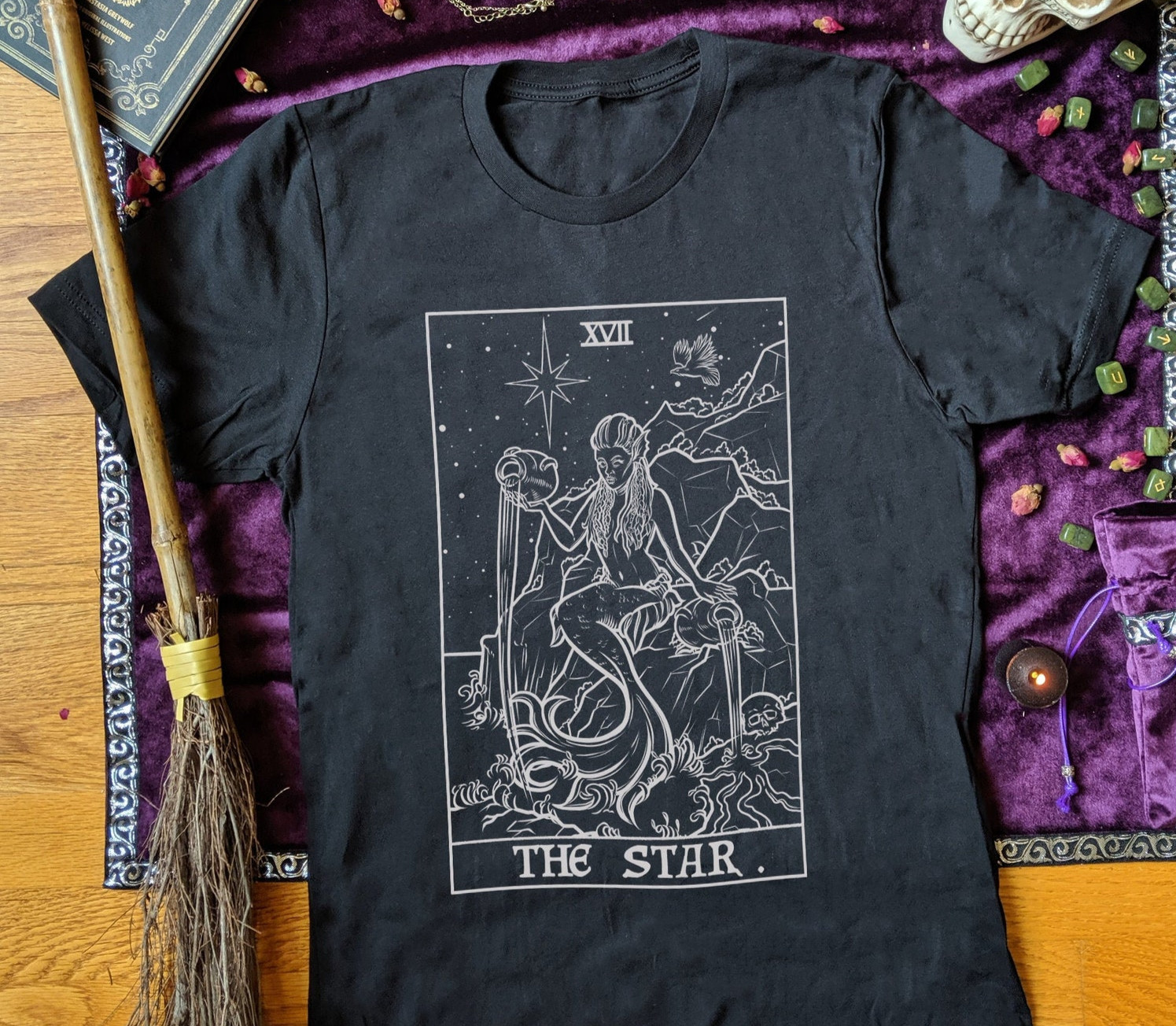 Star Tarot Card Shirt Mermaid Black White Goth Horror Occult Spooky Tee gallery