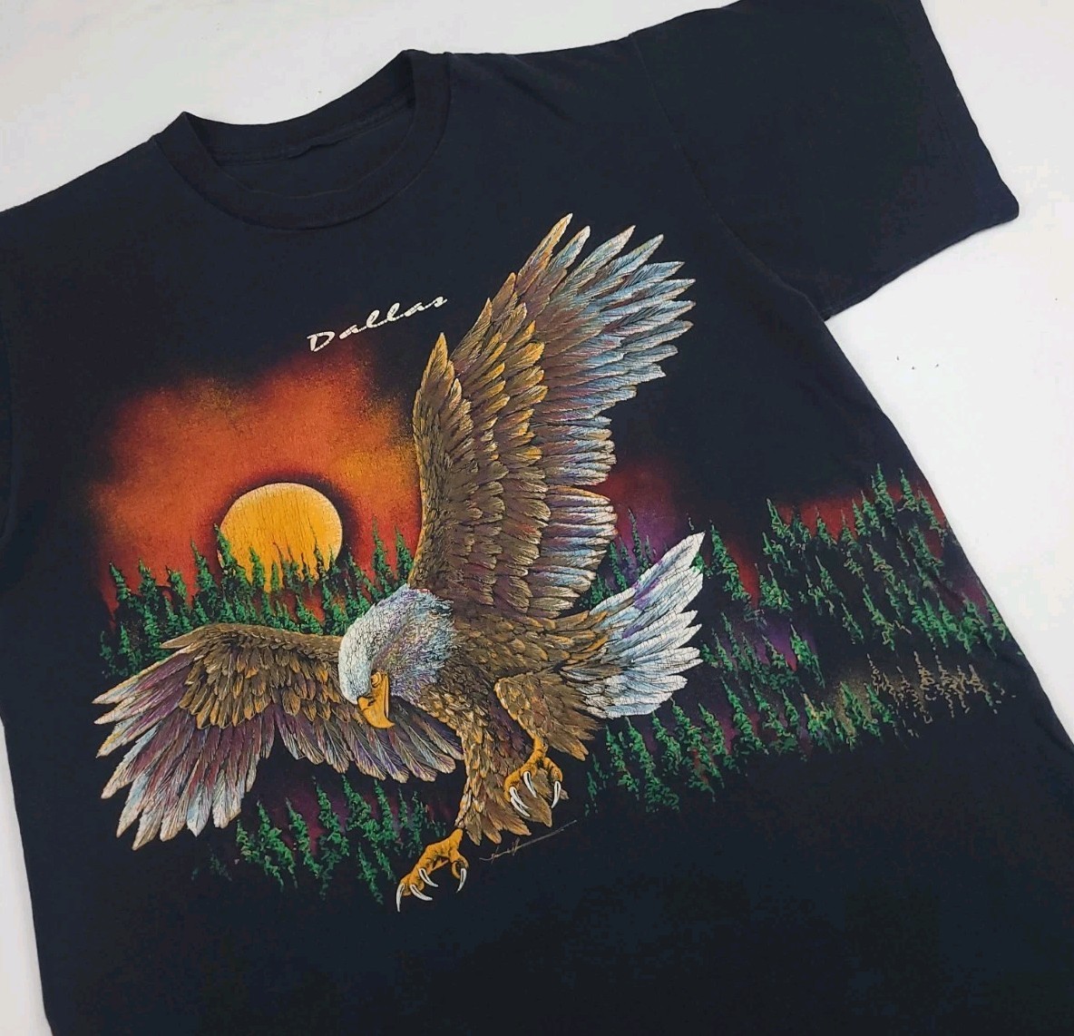 Vintage 90s Eagle Nature Scenic Art Wrap Around Print T Shirt Dallas USA Rare gallery