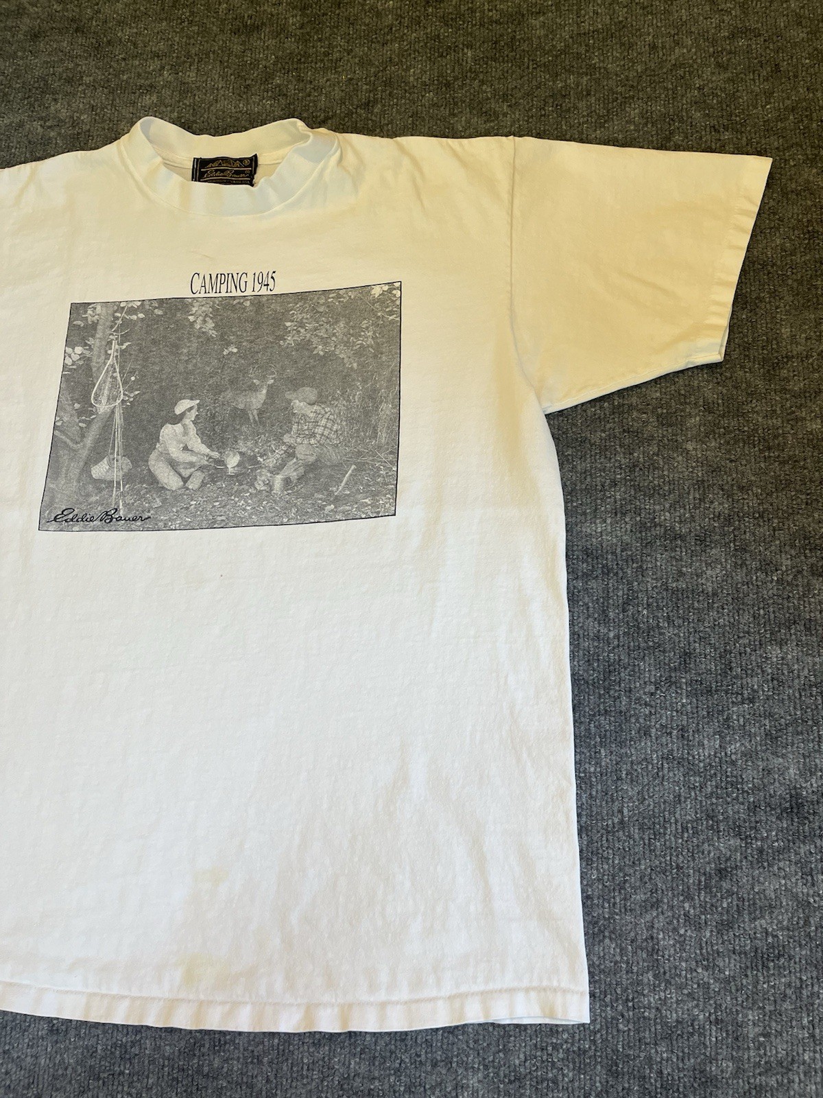 Rare Vintage Eddie Bauer Camping 1945 Graphic Tee Shirt USA White Size Large gallery