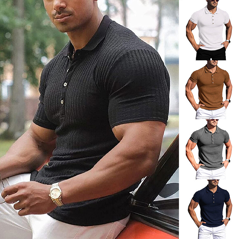 Men Summer Ribbed Muscle Stretch Slim Fit Short Sleeve T-Shirt Collar Casual Top