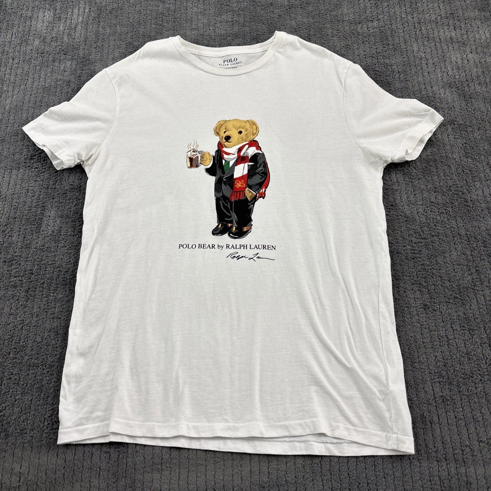 Polo Ralph Lauren T Shirt Mens Small Polo Bear Hot Cocoa Preppy White Tee FLAW gallery