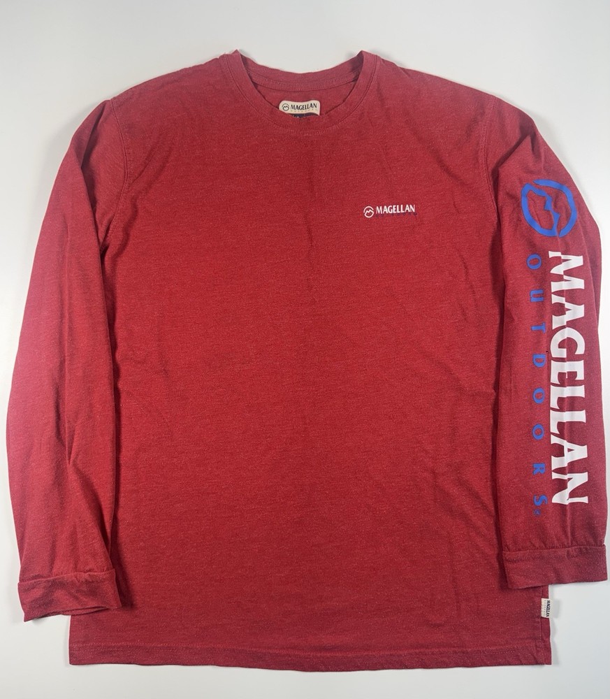 Magellan Outdoors Men’s Red Logo Crew Neck Long Sleeve Classic Fit T-Shirt L