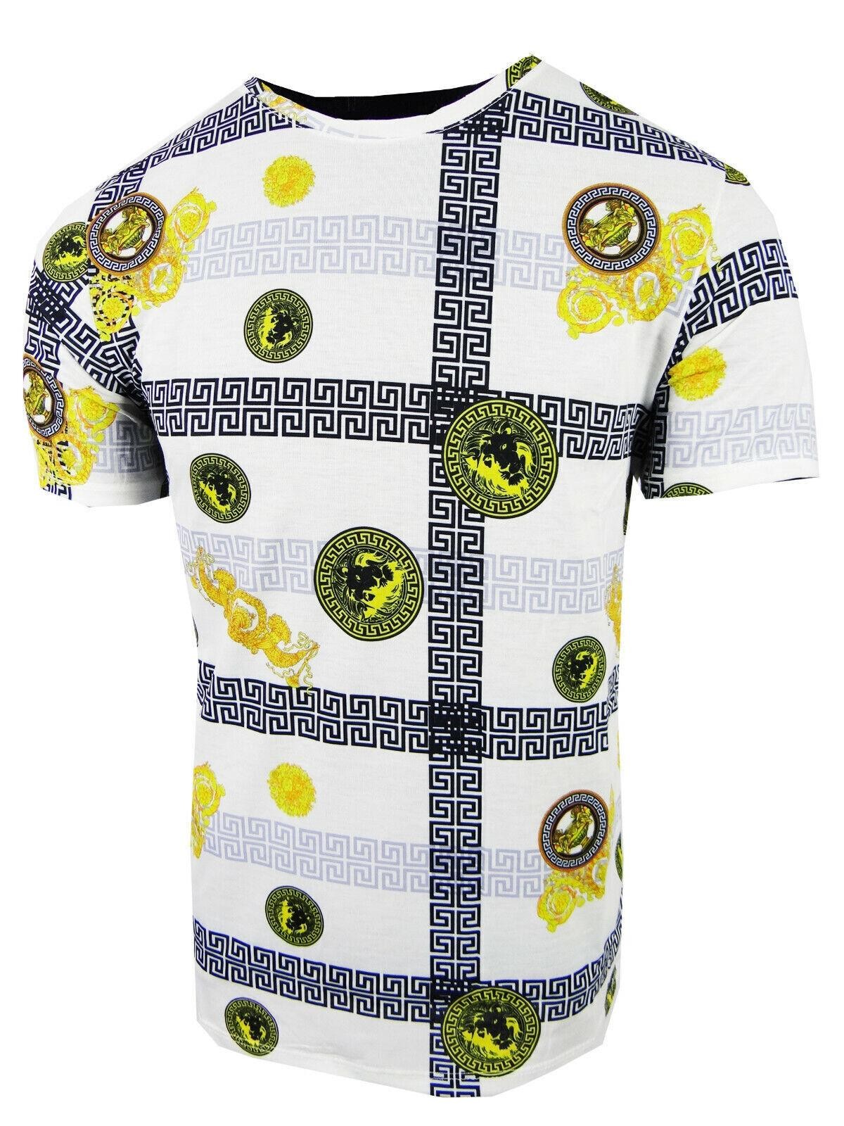 Mens White T-Shirt Designer Italian Stripe Gold Leaf Floral Animal Slim Fit gallery