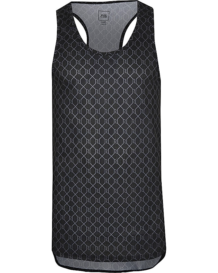 River Island Mens Black RI Monogram Racer Slim Fit Sleeveless Mesh T-shirt gallery