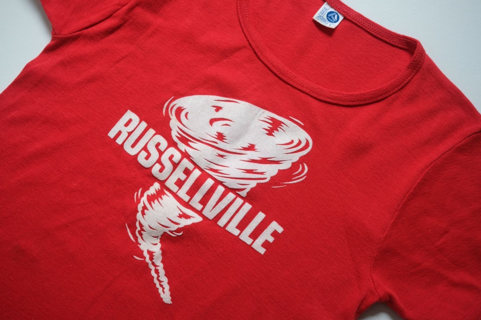 ARTEX 80s VTG USA MADE RUSSELLVILLE ARKANSAS TORNADO GRAPHIC RINGER T SHIRT L gallery